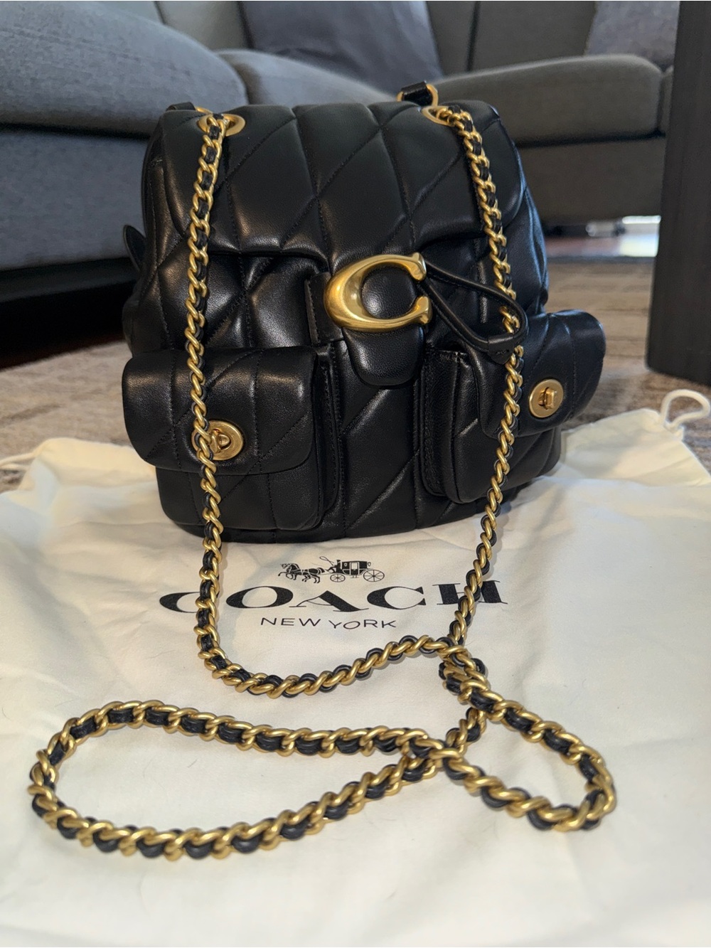 Coach Quilted Black Tabby Backpack Leather Shoulder Bag with Gold Chain